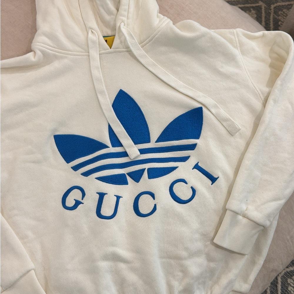 Gucci Cream Crewneck Hoodie with Blue Logo